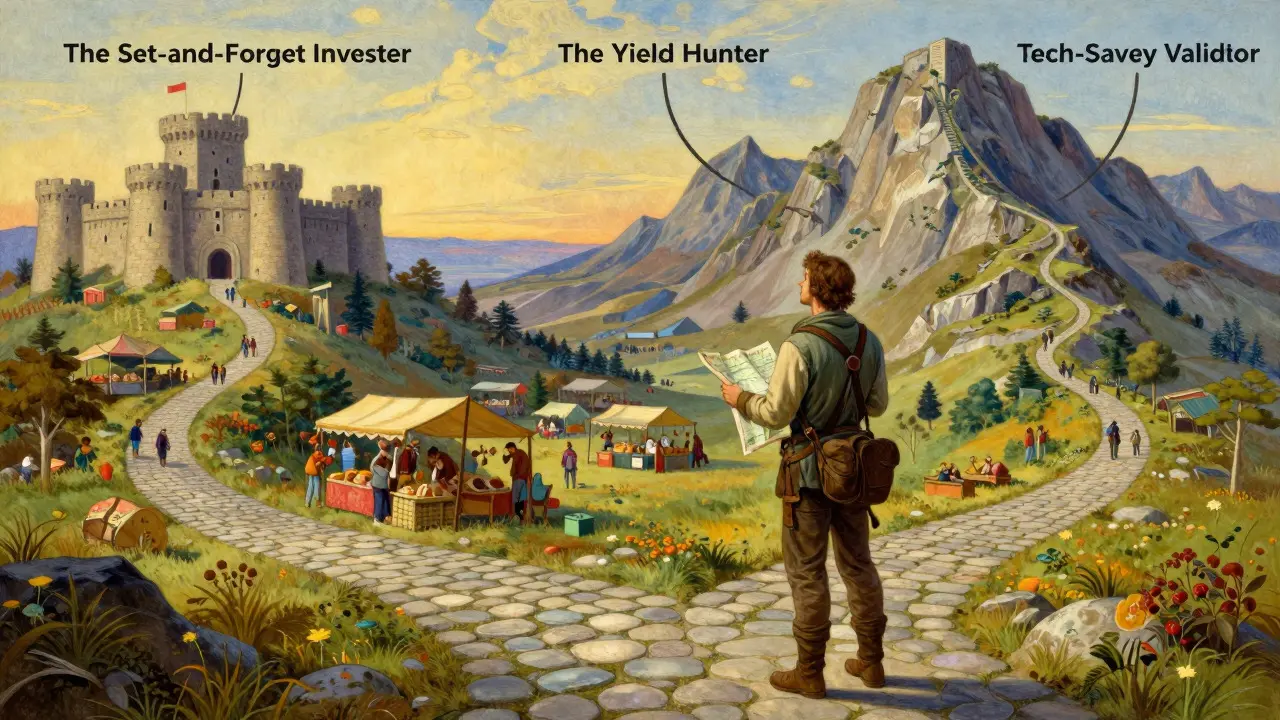 Three paths representing different crypto staking strategies