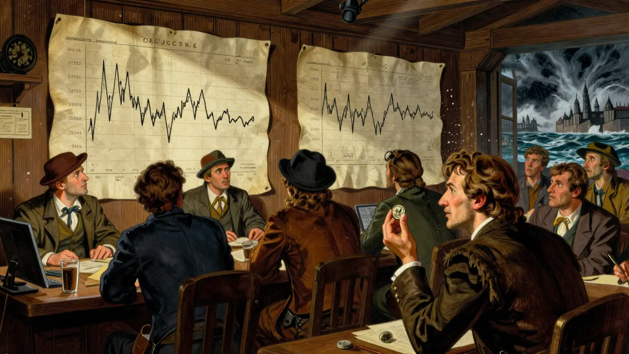 Traders in a historic market looking at volatile price charts with anxious expressions.