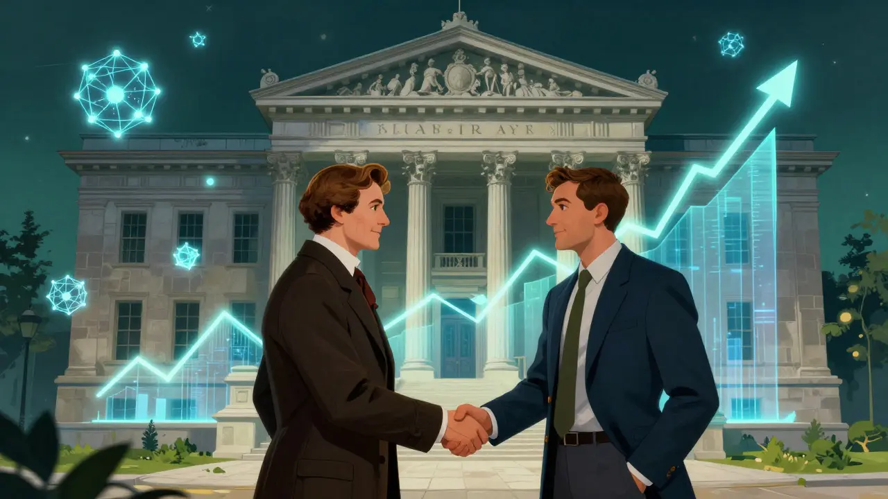 Traditional bank merging with digital blockchain technology, Howard Pyle style