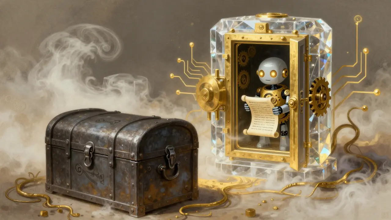 Transition from locked chest to open crystal vault with robot assistant