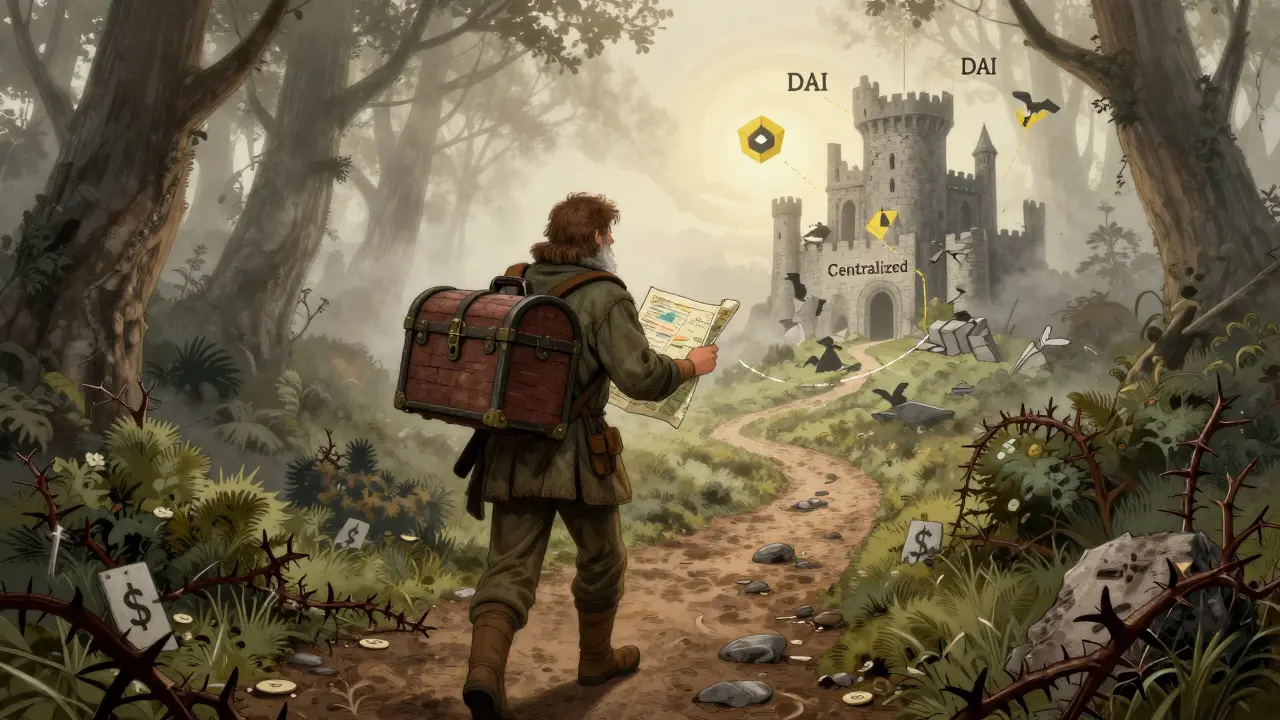 Traveler carrying secure chest through foggy forest toward decentralized horizon