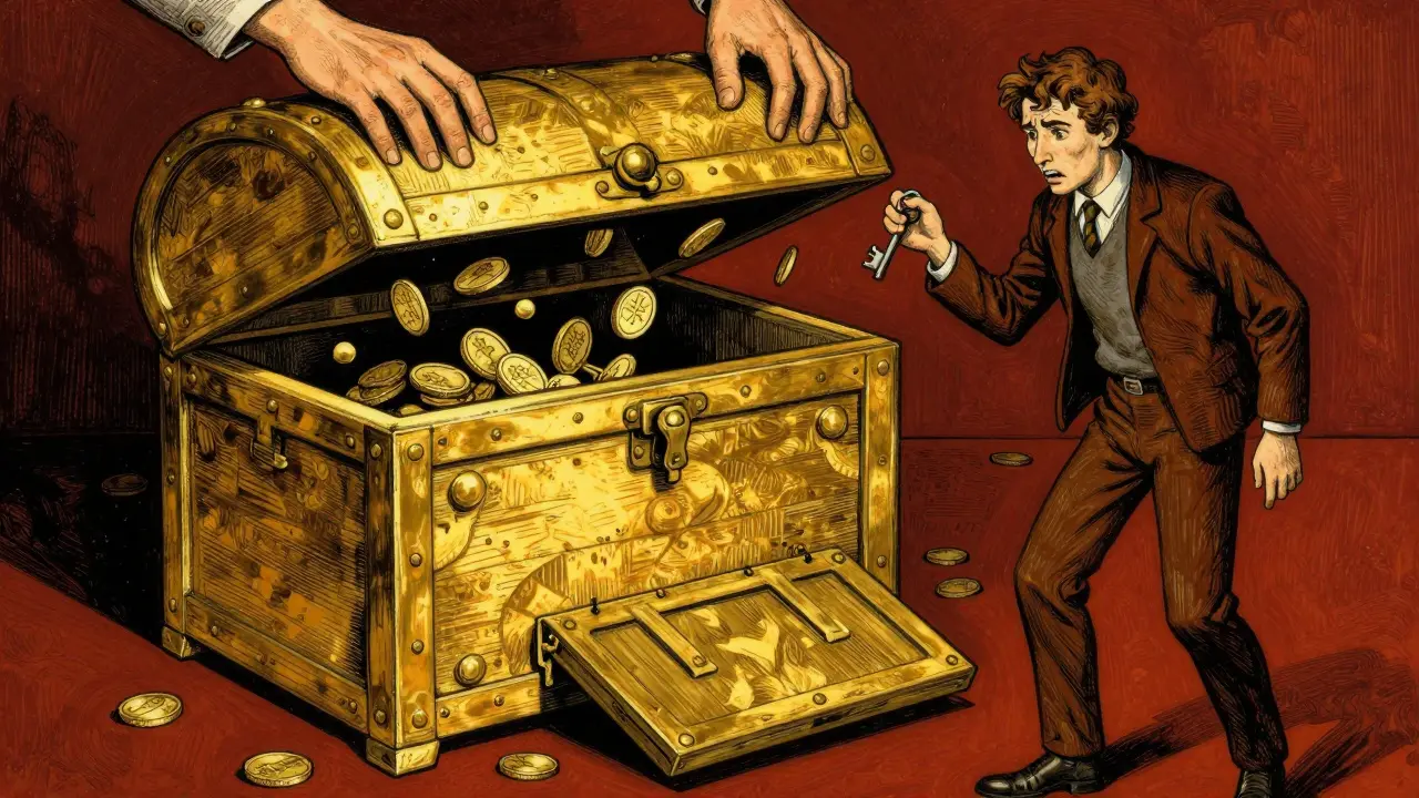 Treasure chest draining coins through trapdoor, illustrating wallet drain
