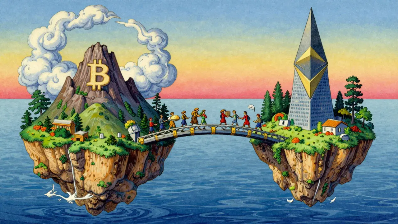 Two blockchain islands connected by a bridge with figures crossing over