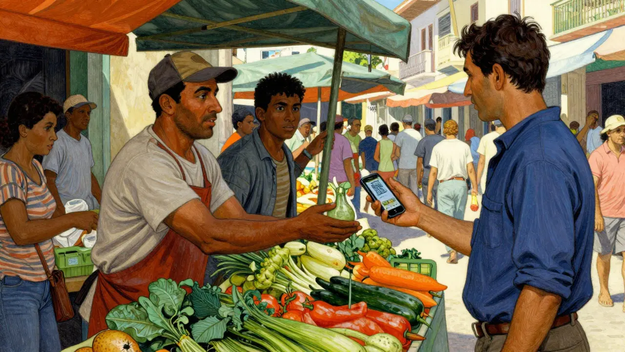 Vendor selling produce for crypto payment on a smartphone in a sunny market.