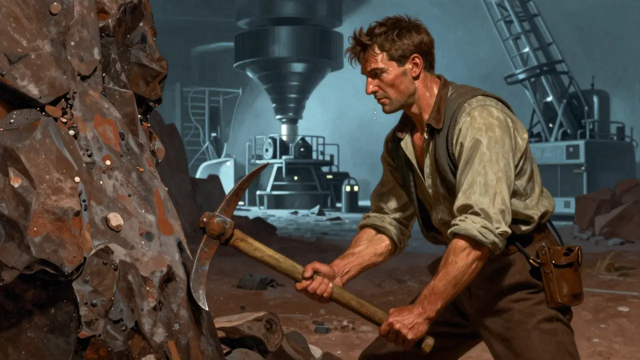 Vintage miner struggling with pickaxe while modern machines work in background