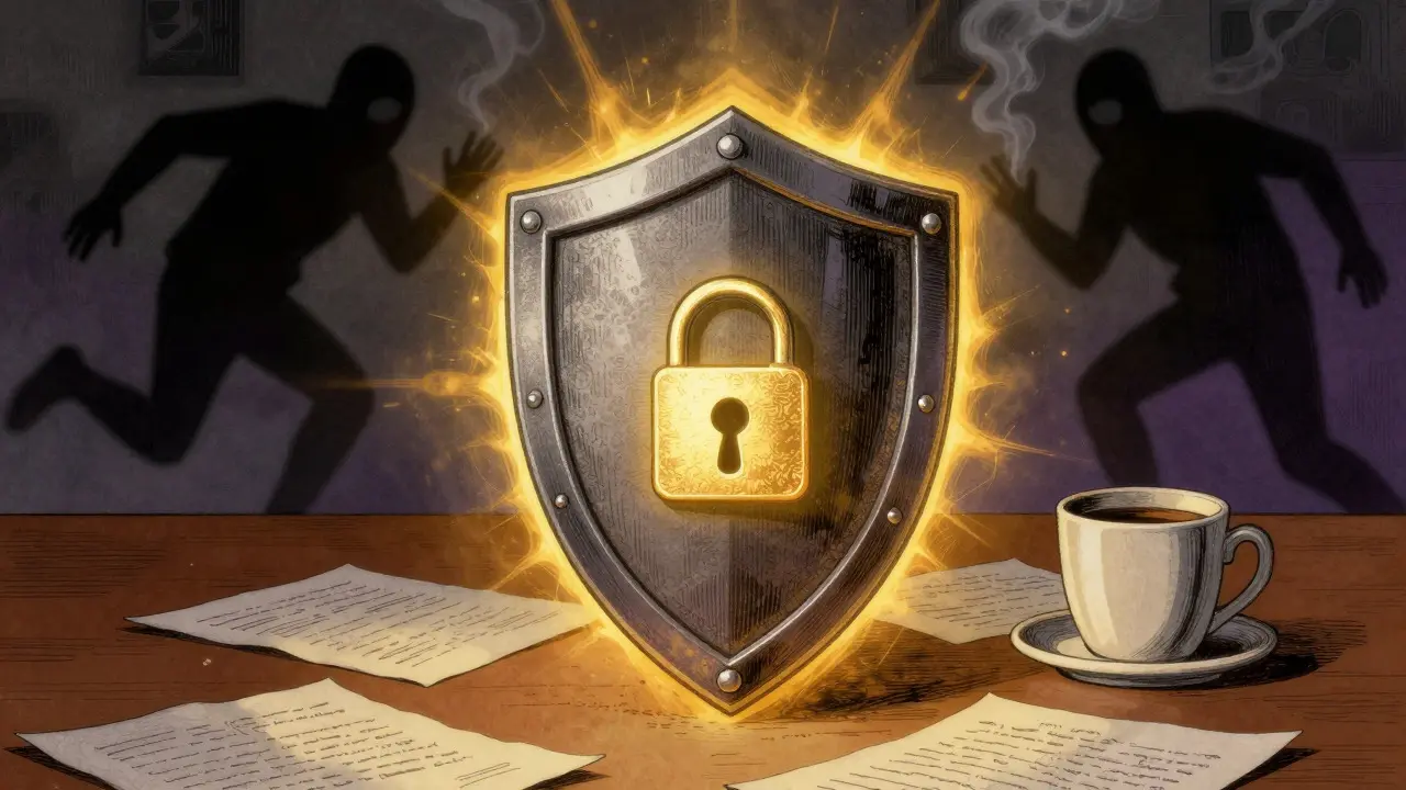 A golden shield protects a hardware wallet while shadowy figures retreat