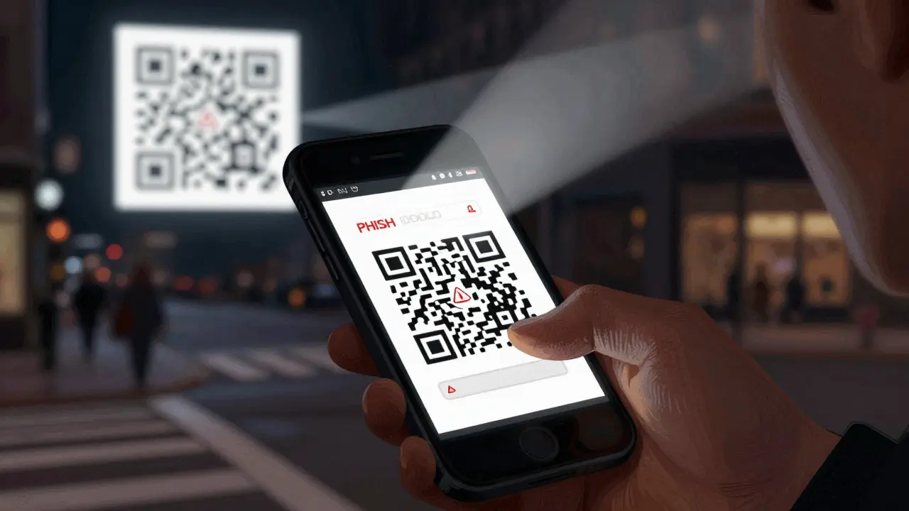 A hand scans a QR code on a phone with a mysterious digital overlay