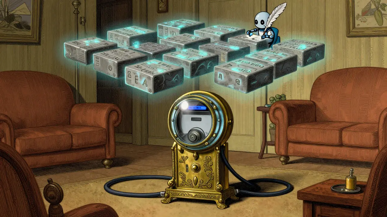 A smart meter connected to a glowing blockchain ledger in a living room