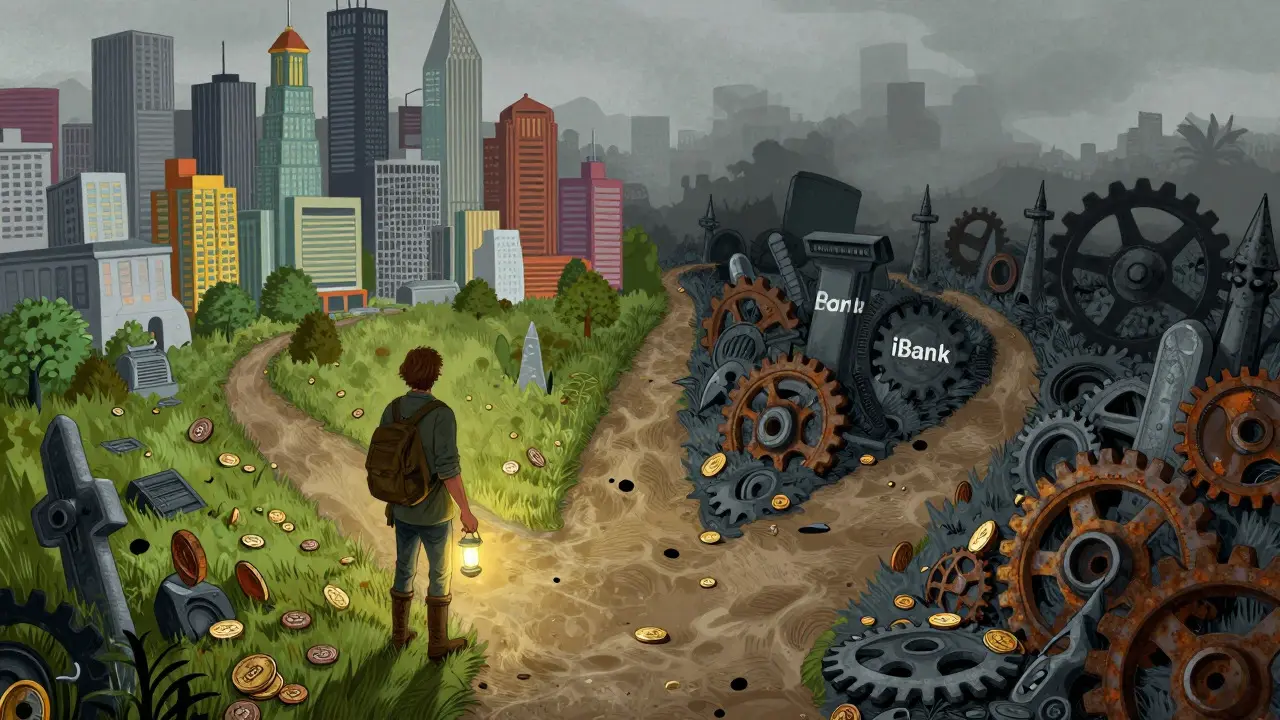 A traveler chooses between a vibrant city and a graveyard of broken crypto coins.
