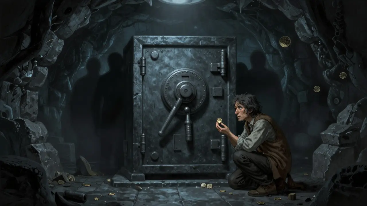 A traveler holding a tiny coin outside a dark, empty vault in a cave-like setting
