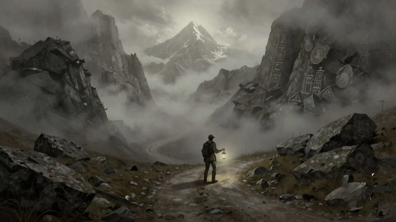 An adventurer standing at a foggy mountain fork, facing a dangerous and uncertain path