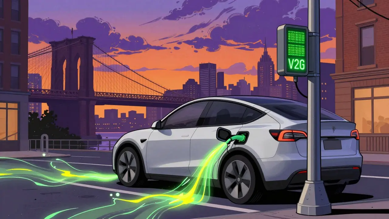 An electric vehicle sharing energy with a city grid at dusk in Pyle style