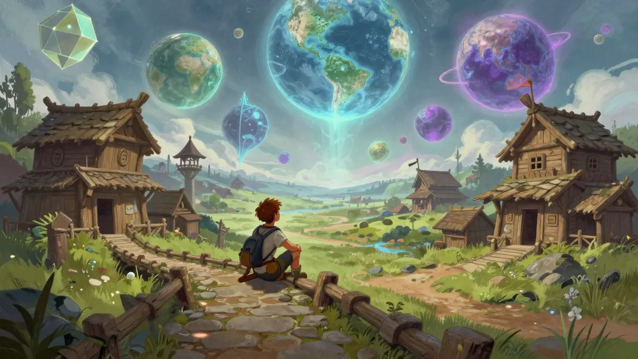 An explorer viewing a merged multi-world horizon in an illustrated style