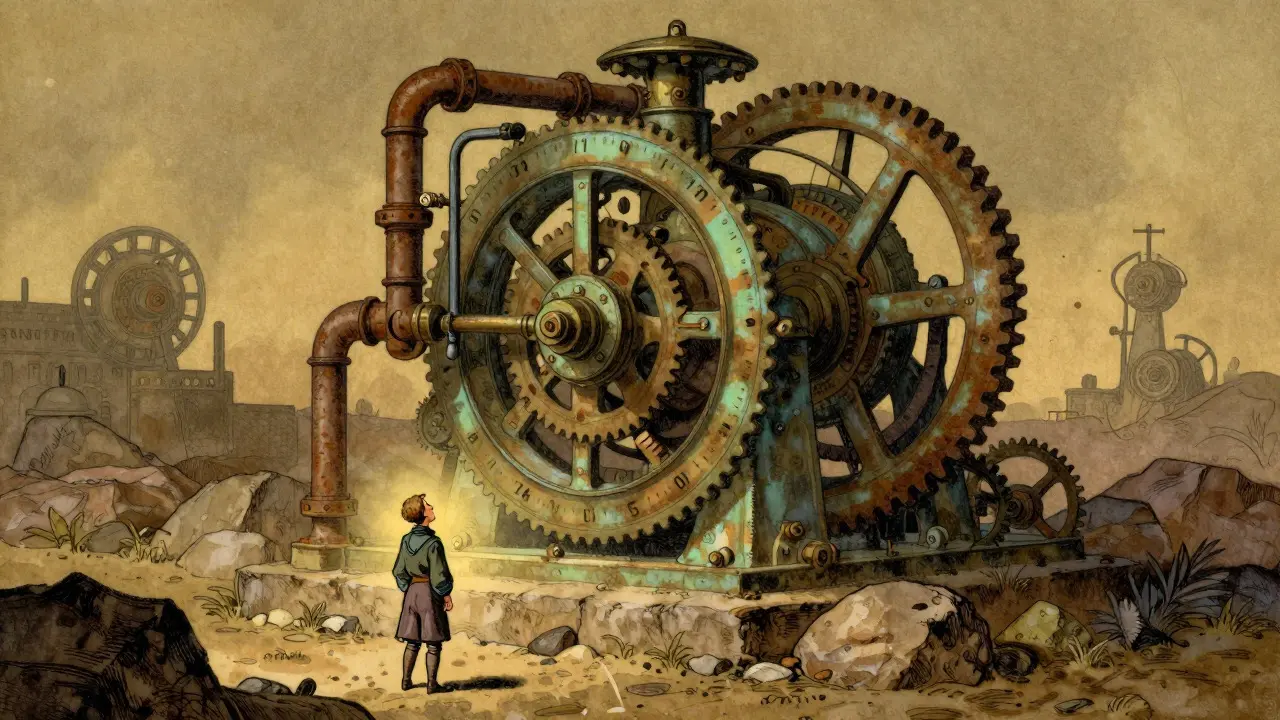 Ancient, slow-moving bronze clockwork mechanism representing outdated Bitcoin tech