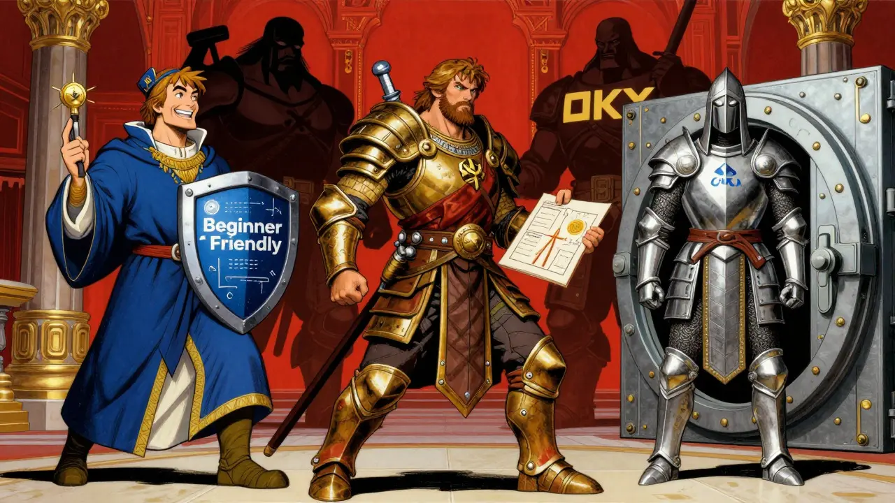 Anthropomorphic figures representing major crypto exchanges like Coinbase and Kraken
