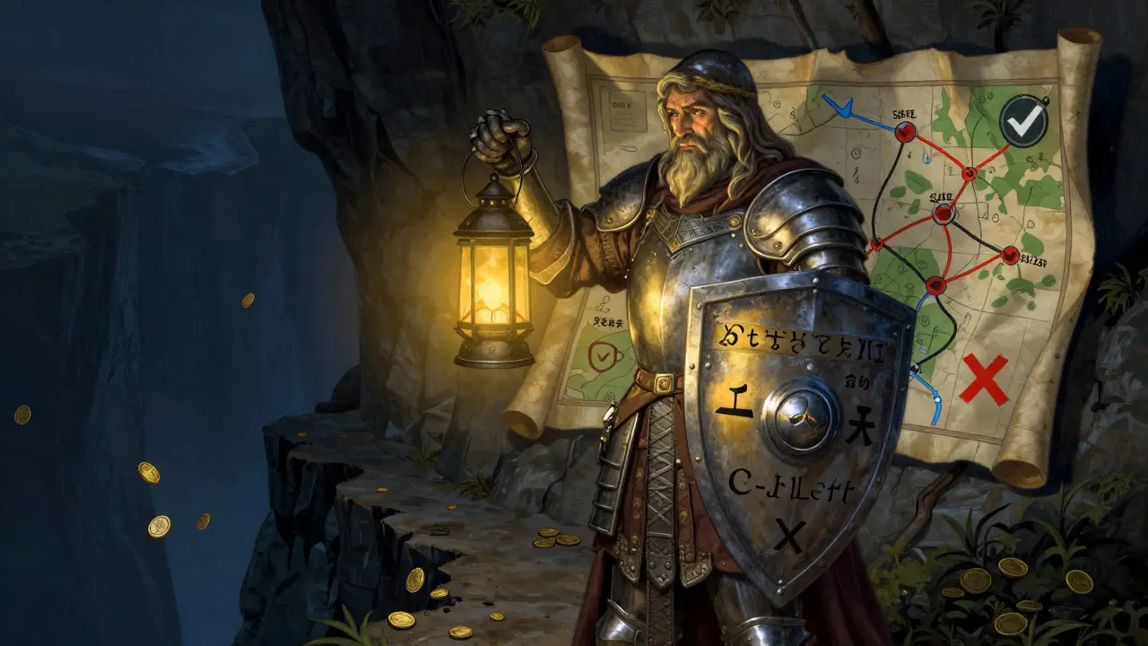 Armored guardian protecting a traveler with a shield and lantern