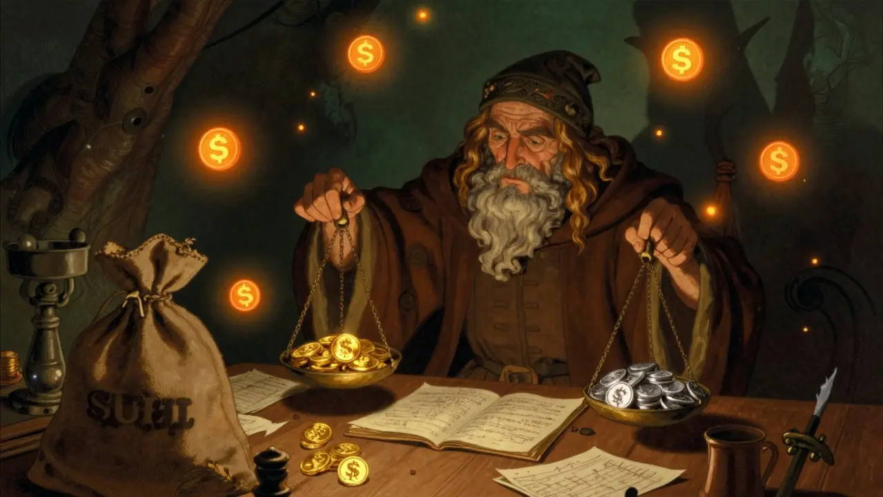 Artist depiction of a farmer balancing token rewards against shadowy risks.