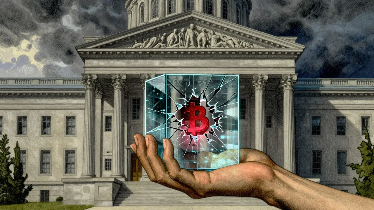 Artistic depiction of a government building overseeing a fragile digital financial structure amidst storm clouds