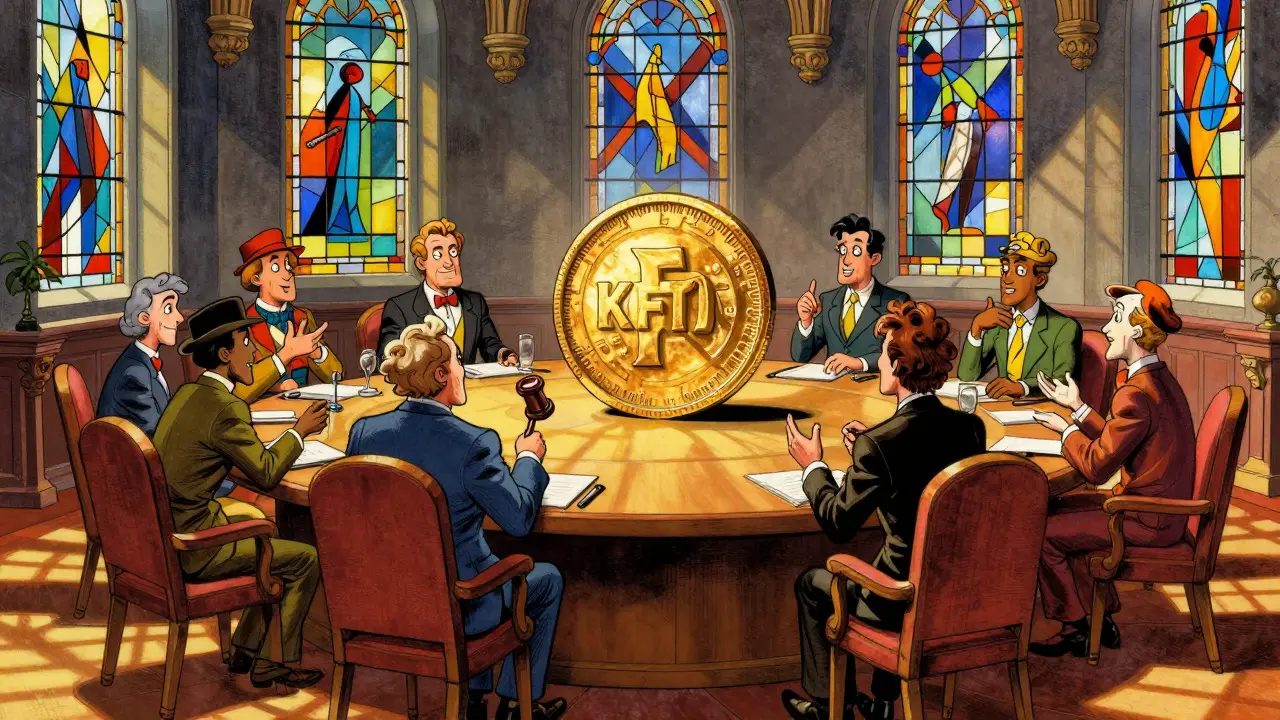 Cartoon of characters voting around a table with a central golden coin