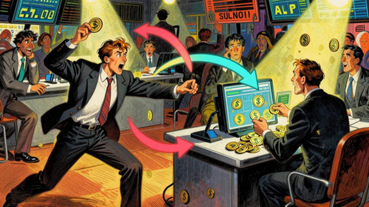 Cartoon-style scene of traders buying and selling stablecoins to correct the price through arbitrage