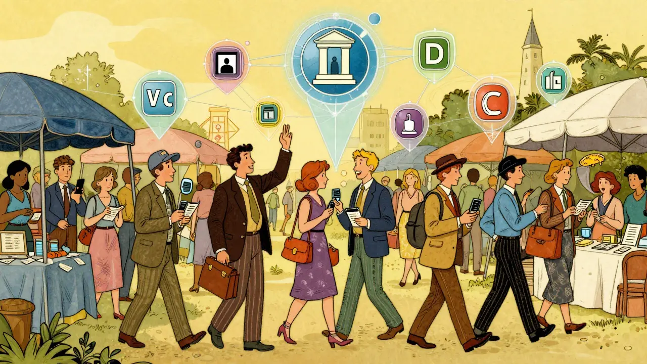 Citizens exchanging digital credentials in a futuristic marketplace