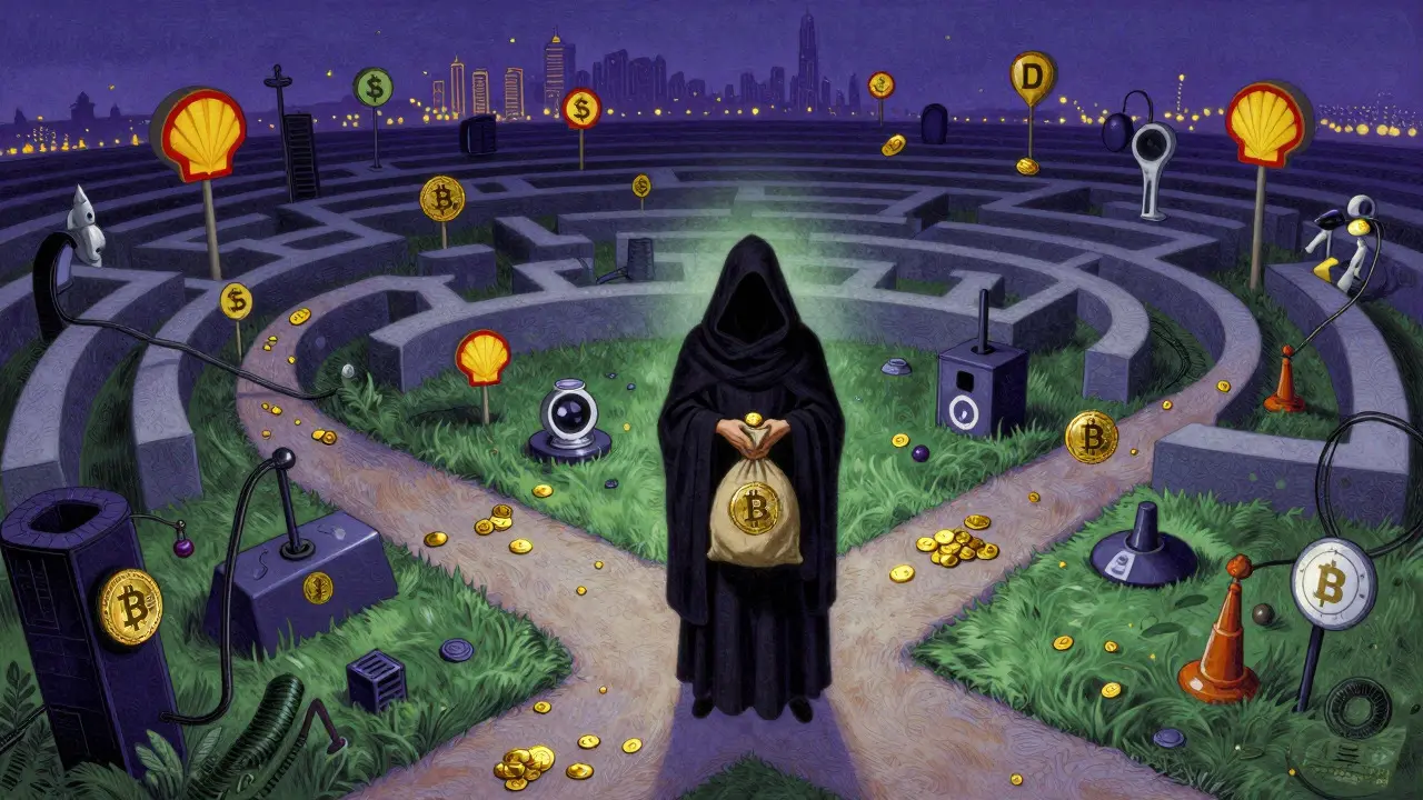 Cloaked figure navigating a maze of crypto money laundering