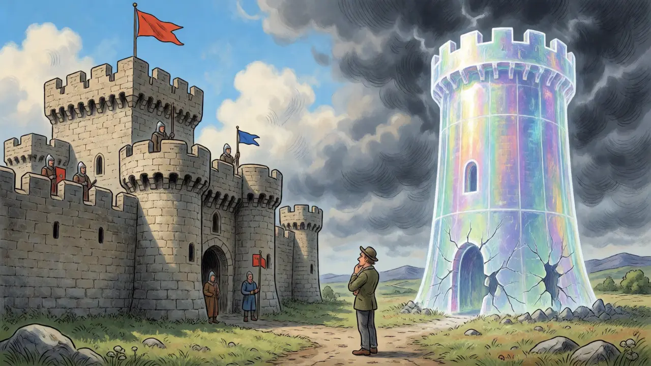 Comparison of a sturdy stone fortress against a fragile glass tower.