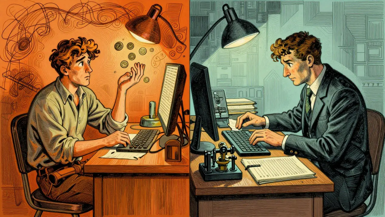 Contrasting illustration of casual vs active traders in Howard Pyle style