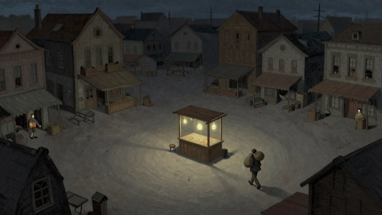 Desolate marketplace scene with a single small stall and sparse activity