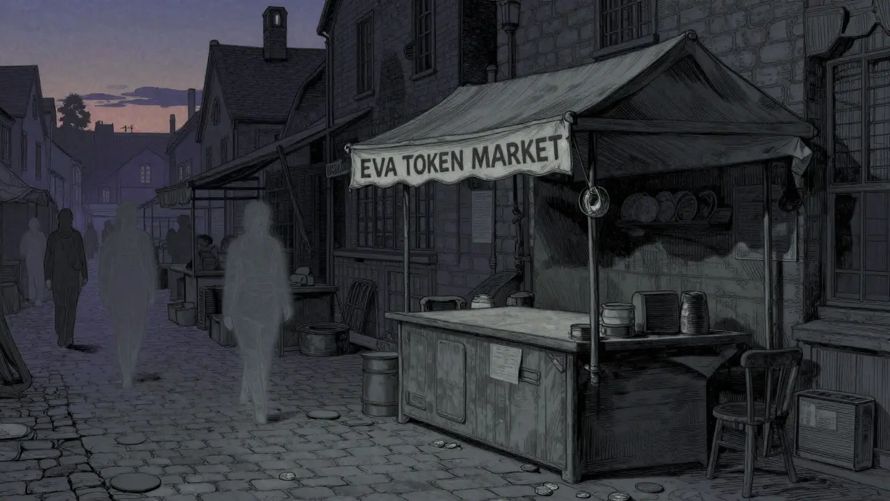 Empty marketplace stall at twilight with ghostly figures passing by