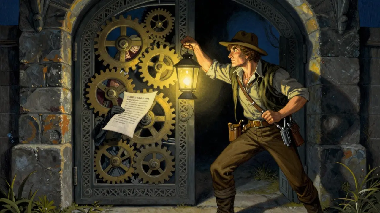 Explorer with lantern confronting a shadowy figure near a digital gate