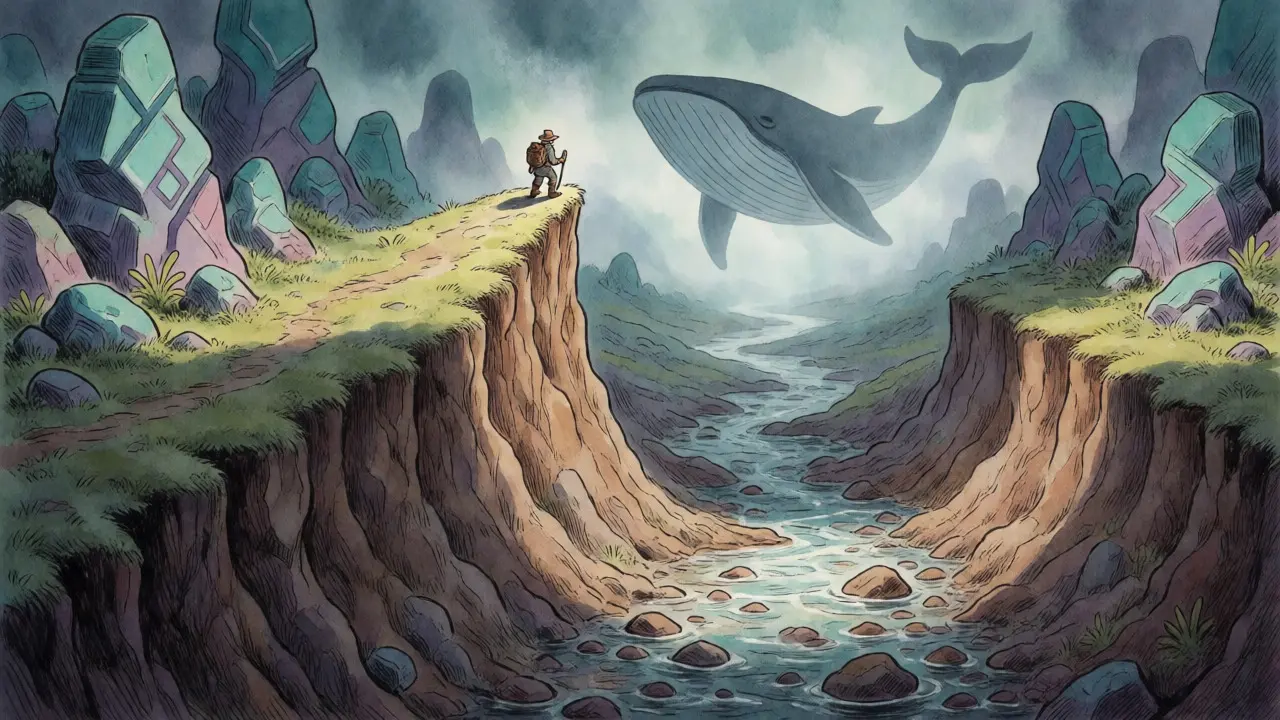 Fantasy art showing investor on volatile price cliff with low liquidity