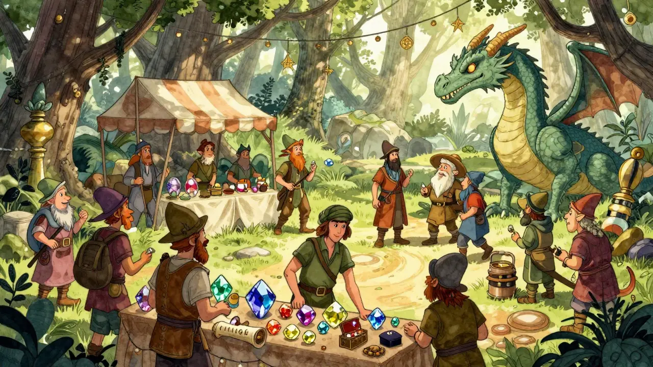 Fantasy characters trading items in a magical forest market