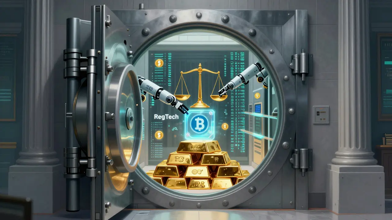 Futuristic vault scanning blockchain assets for compliance