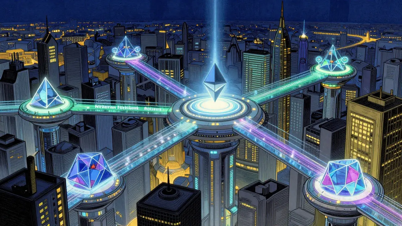 Glowing futuristic city of connected platforms symbolizing fast cross-rollup communication