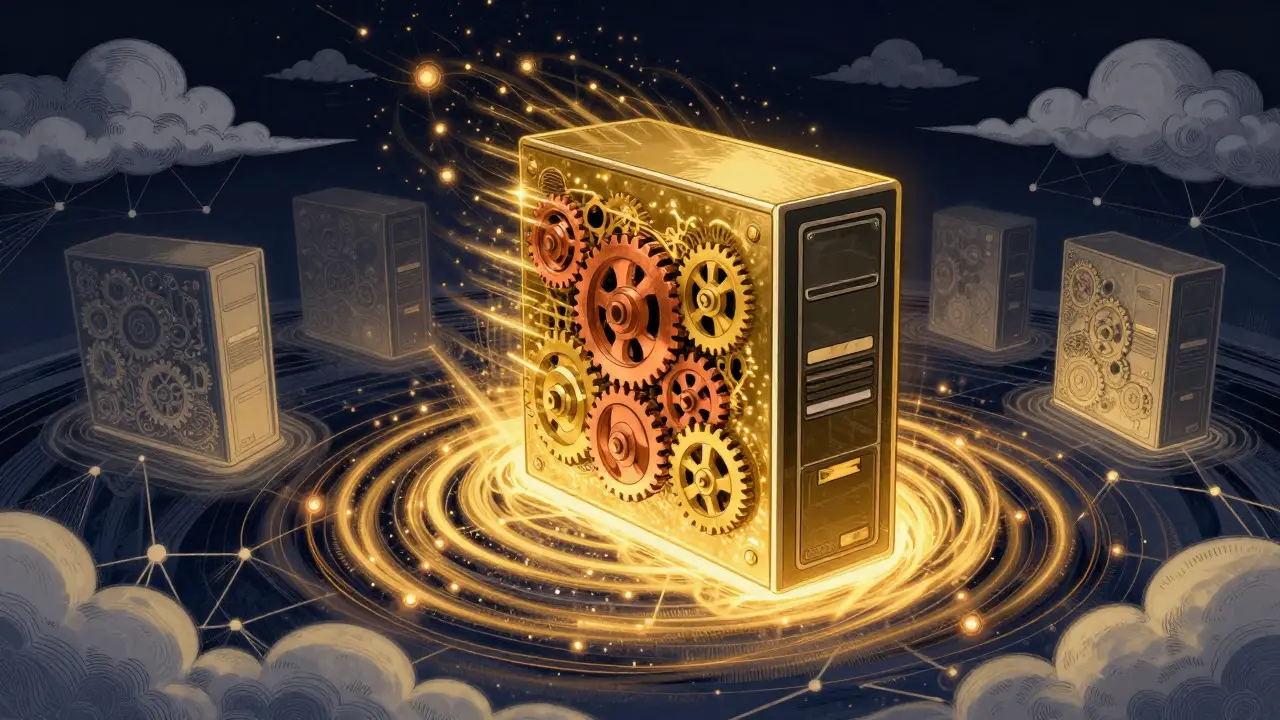 Golden light forming a computer tower amidst digital clouds in illustration