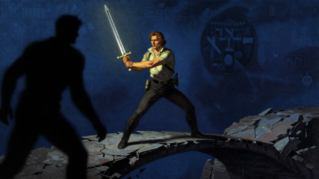Hero with blockchain sword facing shadows in Howard Pyle adventure style