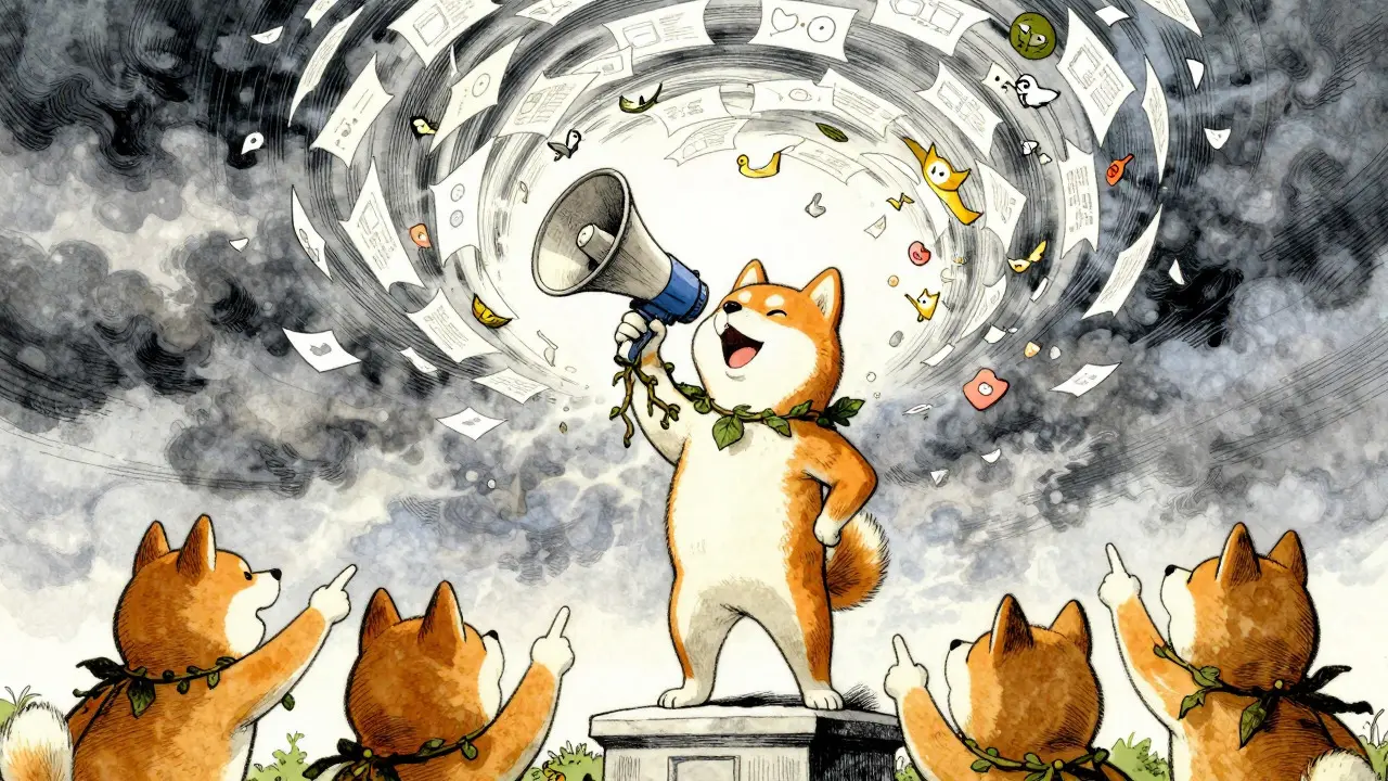 Heroic Shiba Inu shouting into a vine megaphone with friends cheering