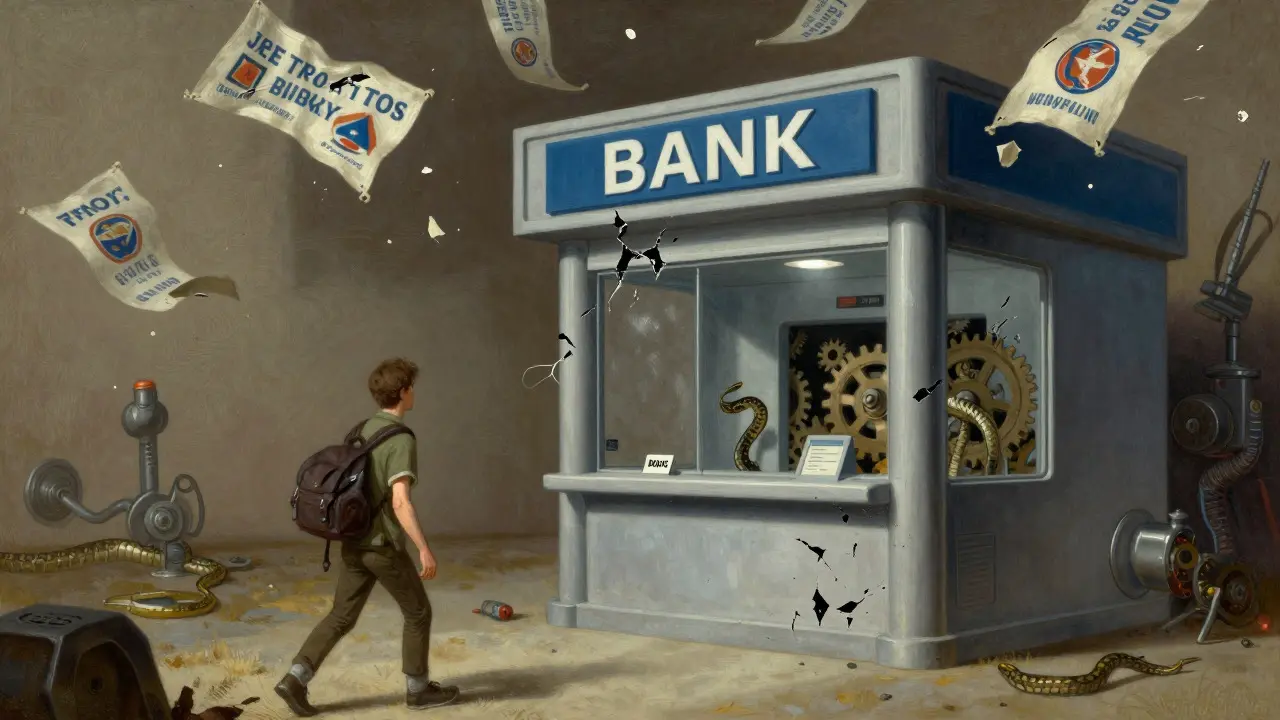 Illustration of a user approaching a cracked, snake-filled scam kiosk