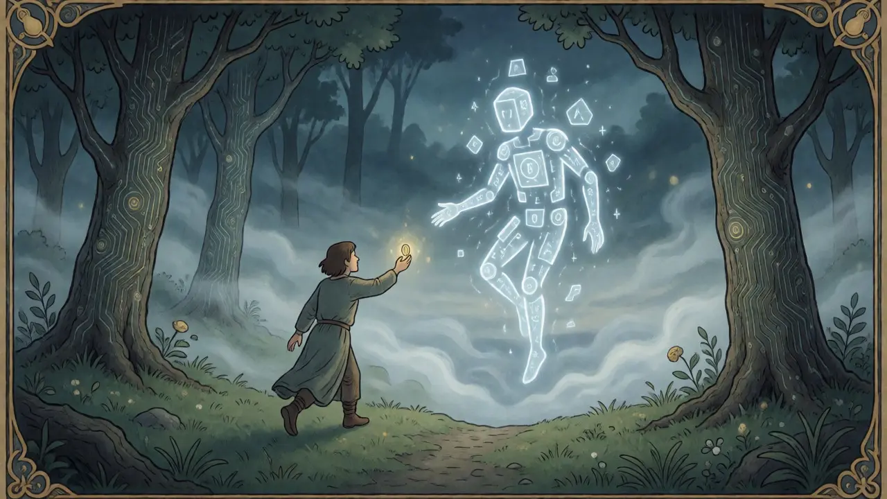 Illustration of human reaching for AI agent across empty chasm