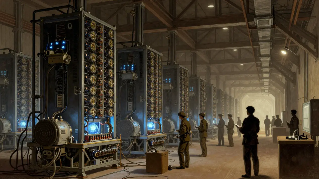 IRGC overseers in a vast, glowing Bitcoin mining facility