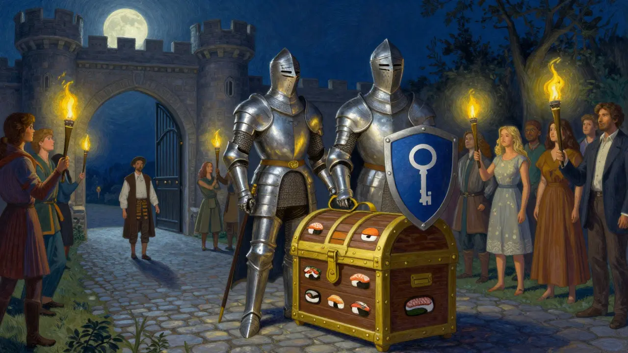 Knight guarding a treasure chest with a community of torch-bearing citizens.