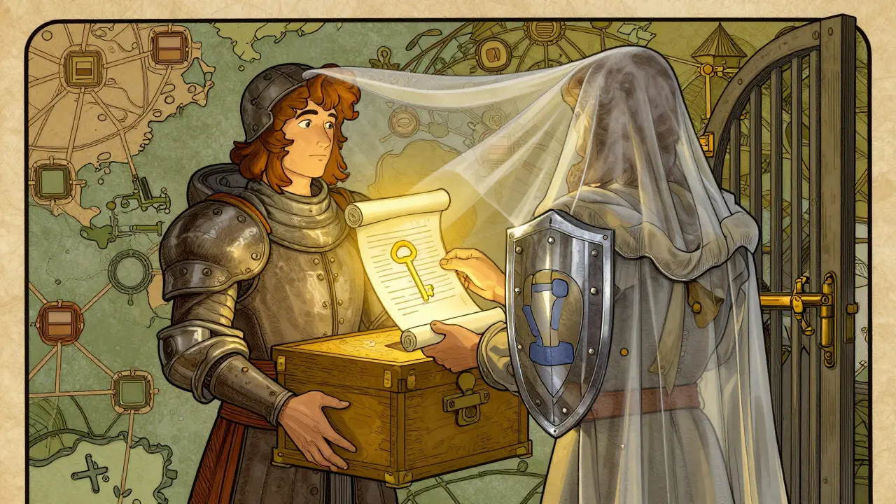 Knight presenting single glowing credential to gatekeeper amidst blockchain patterns
