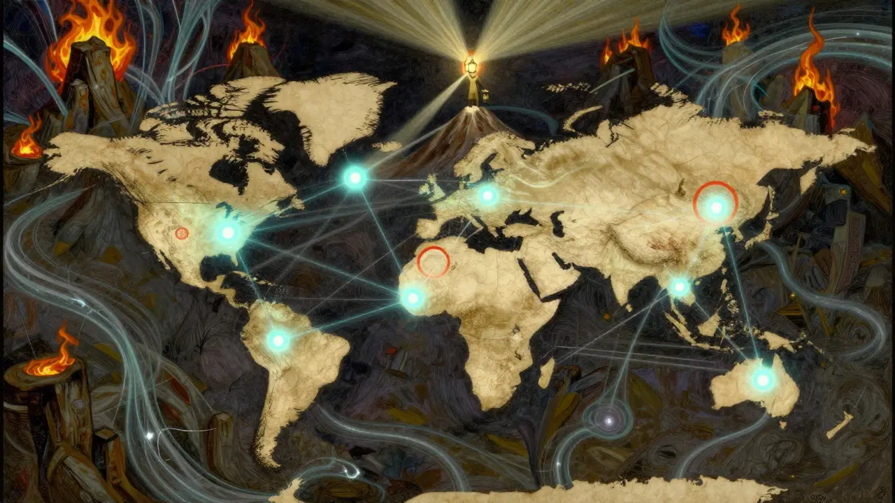 Map showing global digital connections bypassing red-blocked zones