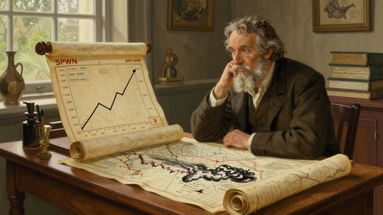 Merchant analyzing maps and scrolls showing market trends