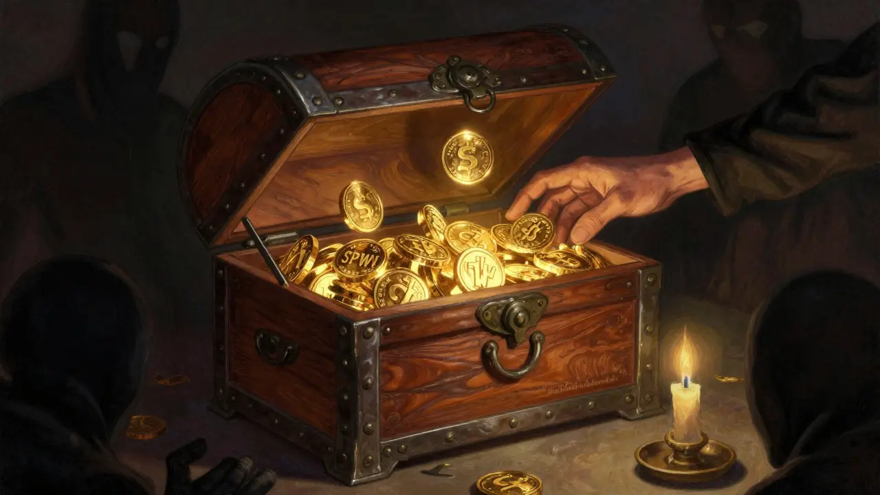 Open treasure chest with floating tokens and lurking shadows
