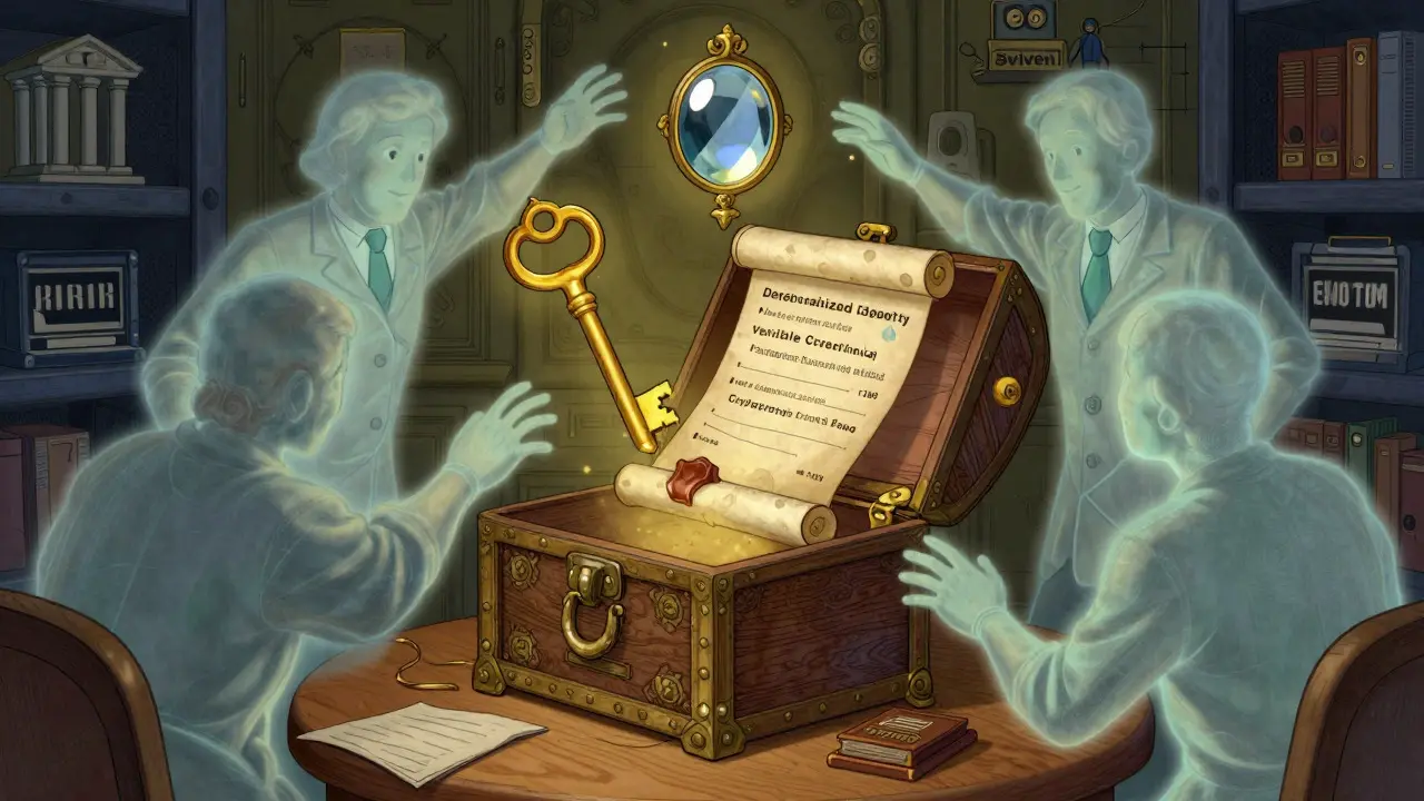 Ornate digital wallet chest emitting keys and credentials