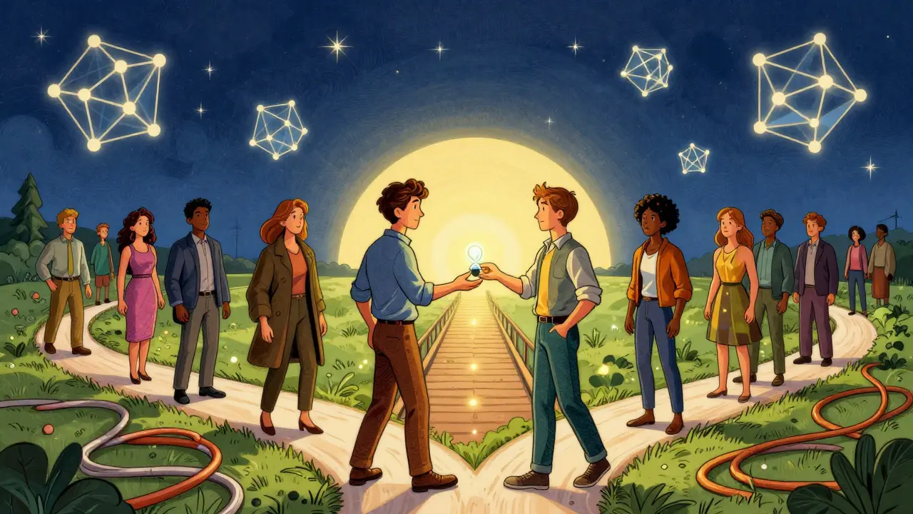 People crossing bridge of decentralized identity toward future