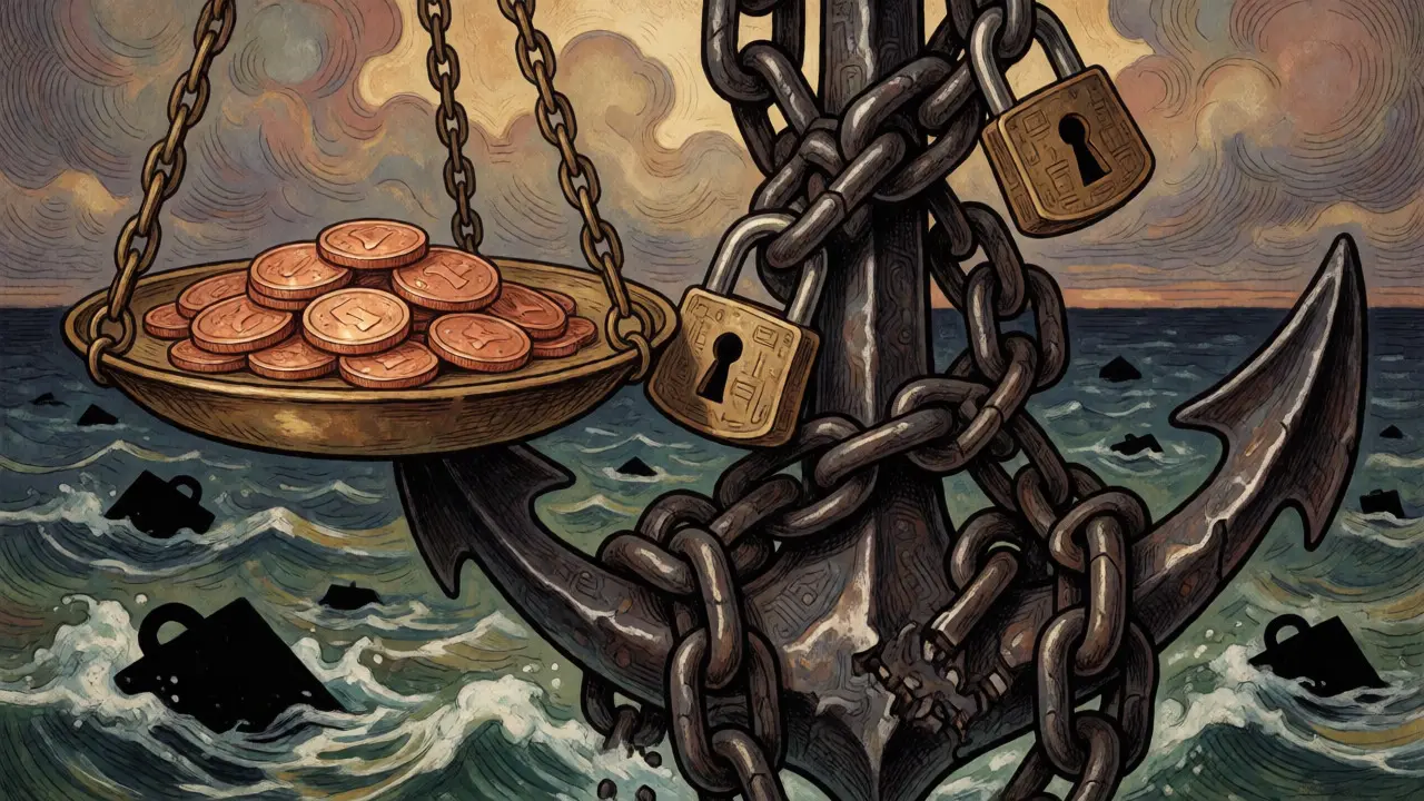 Scales weighing low fees against a heavy anchor of risk over dark waters.