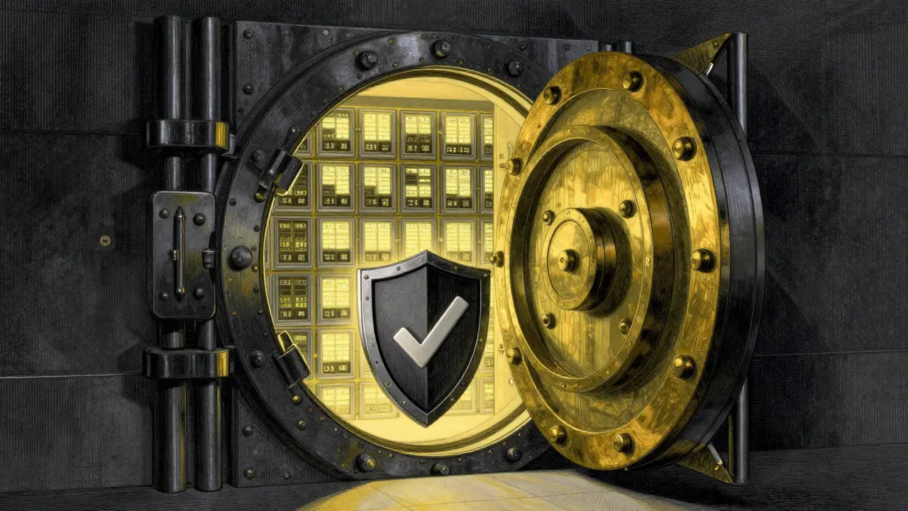 Secure vault protecting digital assets with safety shield